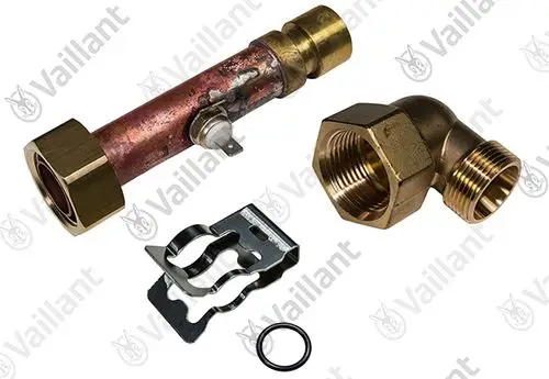 Vaillant Rohr aus Kupfer mit Metallverbindungen, einem Winkelstück, einer Halterung und einer Dichtung. Geeignet für Heizungsinstallationen.